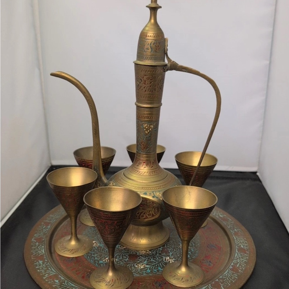Vintage etched brass tea set 8 piece exquisite curated estate find